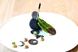 Eine Vorspeise auf weißem Teller in einem schönen Hotel in Frankreich 