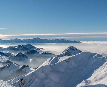 Blick vom Berg Moléson auf die verschneiten Schweizer Alpen