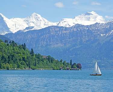 Thuner See bei Thun mit schönem Panoramablick auf die Bergwelt - Schweiz