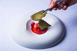 Chefkoch drapiert mit einer Pinzette das Dessert auf einem weißen Teller 