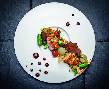 Luxuriös angerichteter Hauptspeisenteller in einem schönen Hotel in Frankreich 