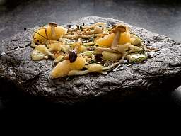 Qendel spaetzle with pear compote and munster cheese