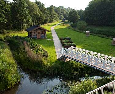 Blick auf einen Garten mit Hütte